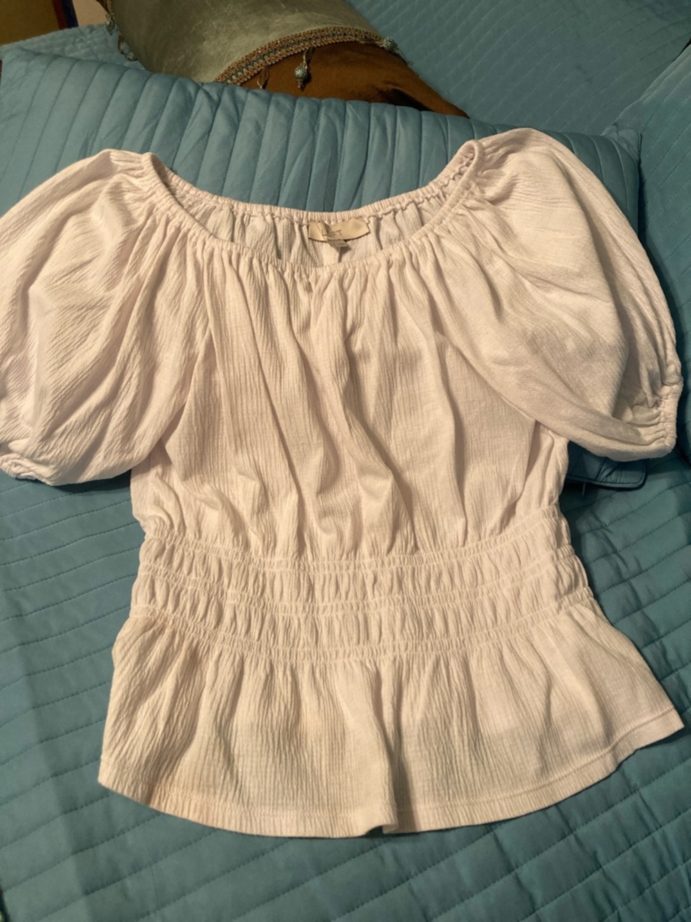 LOFT White Puff Sleeve Smocked Waist Blouse